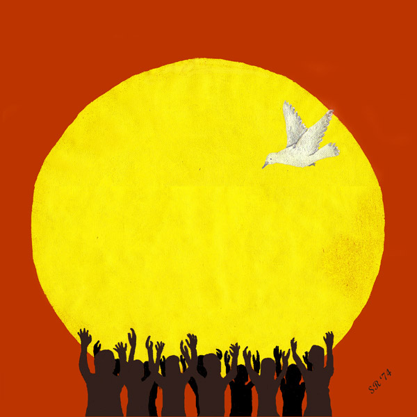 ©S.L.Reay I Wanted to Fly CD cover a painting of a white bird big yellow sky and silhouettes of people standing with their hands in the air